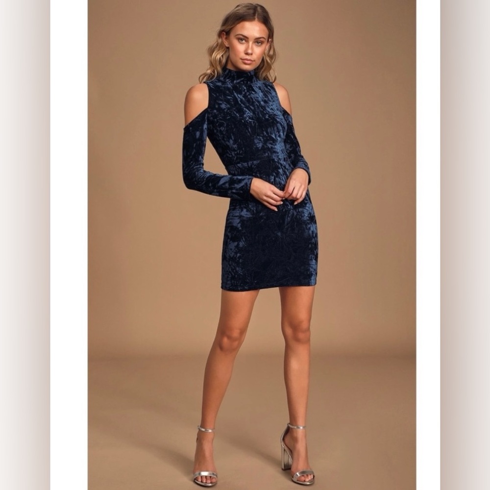 Lulu’s crushed blue velvet cold shoulder mini dress